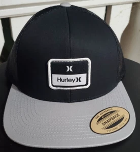 Hurley Stacked Trucker Hat Cap Black with Patch & Gray Flat (ish) Bill Snap back - Picture 1 of 5