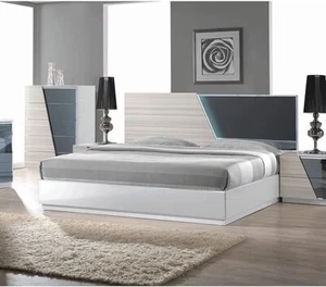 Modern Queen Size Platform Bed Frame, LED Headboard, White/Gray Lacquer Finish - Picture 1 of 3