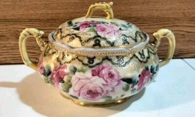 Antiguo Nippon Grande Cubierto Cuenco Moriage 5" Alto 9" Ancho" Tal cual" Foto 1 de 4