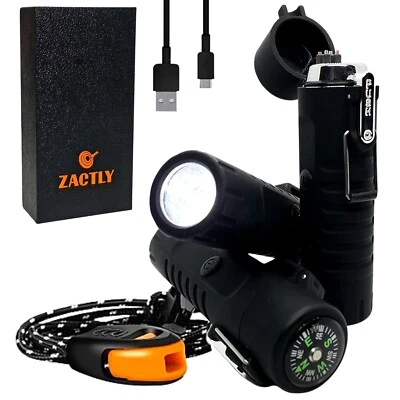 ZACTLY Dual Arc Plasma Lighter Windproof Waterproof USB Rechargeable Flashlight Lanyard