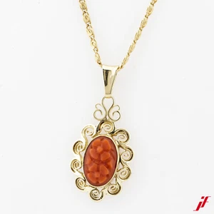 Clásico Colgante 585/14K Oro Amarillo 1 Ovalada Coral 32,85 MM con Ojal - Imagen 1 de 2