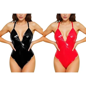 Women One Piece Wet Look Bodysuit Deep V Neck High Cut Leotard Lingerie Clubwear - Picture 1 of 24