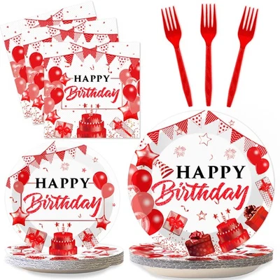 Birthday Party Tableware Set 96 PCS for 24 Guests Red White Gold Plates - Image 1 of 4