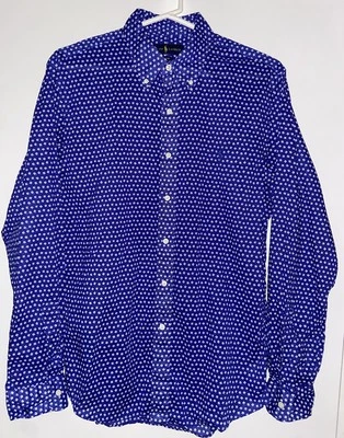 Ralph Lauren Hombres LS Camisa Azul Real Blanco Estampado Geométrico Calce Ajustado Talla L Foto 1 de 4