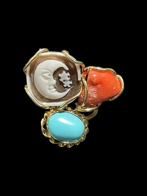 Anello Corallo Turchese E Cameo  - Immagine 1 di 4
