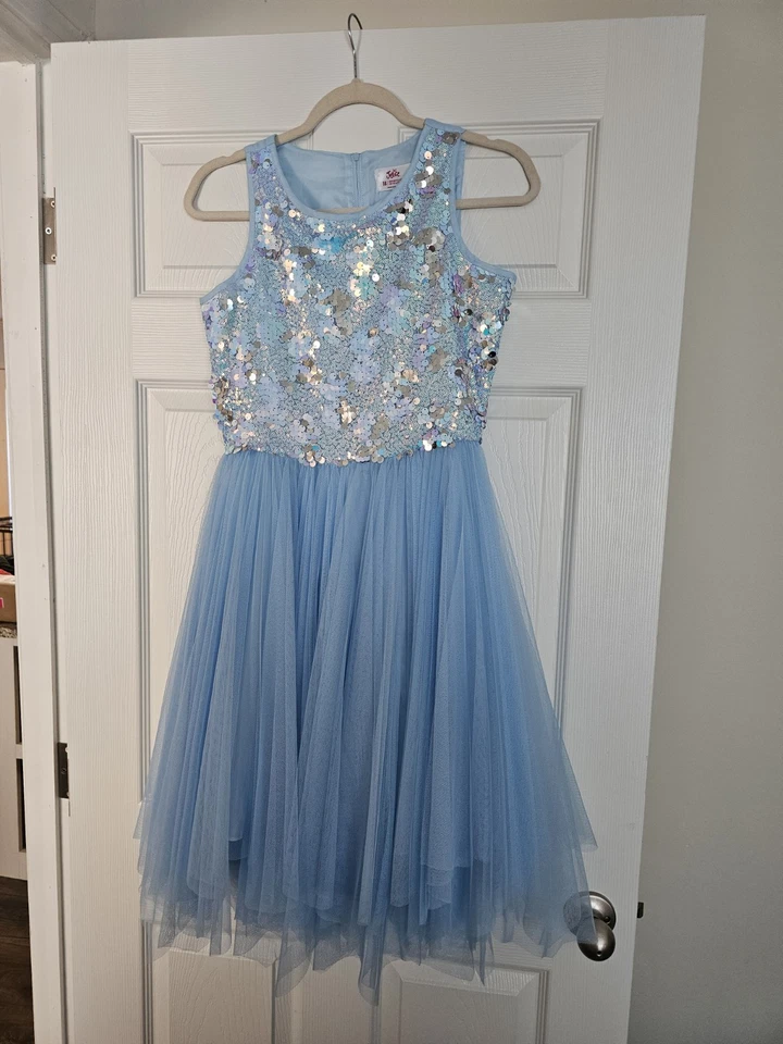 Justice Girls Blue Dress Sequins & Tulle Multi Layer Bottom Size 18 NWT  - Image 1 of 4