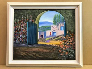 Spanish Villa Courtyard Gate Hollyhocks 20x24 Blancat Landscape Oil Painting Art - Afbeelding 1 van 5