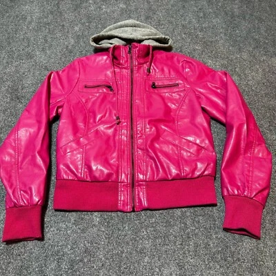 BB Winter Jacket Youth Girl XL Pink Faux Leather Full Zip Hooded Pockets Outdoor - Image 1 of 4