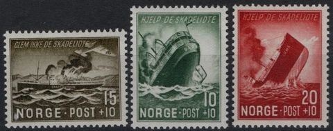 Norway 1944, NK 322-24, Ship sinking, Surtax set MNH,, Sc #B35-B37,  Mi 295-97 Cover