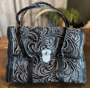 Patricia Nash Vienna Black Floral Tooled Leather Satchel w Dust Cover Bag Purse - Picture 1 of 13