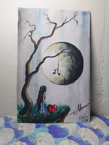 Water Colored Painting "Melancholic Moon" Camel Paints On Premium Paper Sri Lank - Picture 1 of 12