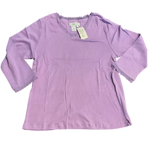 Coldwater Creek purple long sleeve embroidered mesh trim v-neck t shirt sz M NWT - Picture 1 of 10