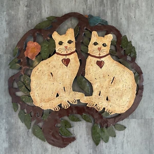 Large Vintage Metal Folk Art Primitive  Wall Hanging Cats Signed Handmade 24” - Picture 1 of 5