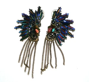 Costume Jewelry Earrings Blue Rhinestone Chandelier Dangle Chains 3" x 1 1/8" - Picture 1 of 2