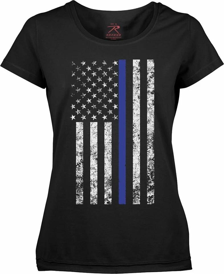 Camiseta Larga Mujer Negra Bandera de Estados Unidos Envejecida Delgada Línea Azul Apoya a la Policía Foto 1 de 1