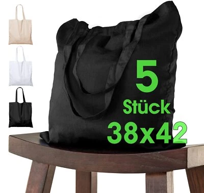 5 Stück Baumwolltasche 38 x 42 cm SCHWARZ unbedruckt lange Henkel Stofftasche... - Bild 1 von 4