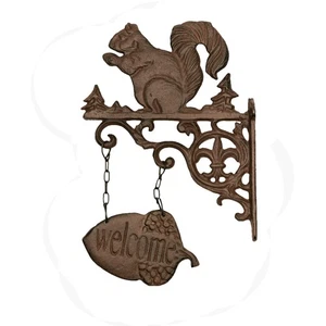 Hanging Rustic Cast Iron Welcome Squirrel Sign Front Door Fall Porch Home Decor - Picture 1 of 4