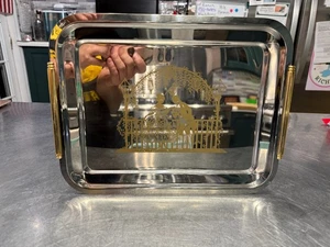 Inox Serving Tray 18/10 Stainless Victorian Dancing  Gold Handles Italian Rare - Picture 1 of 8