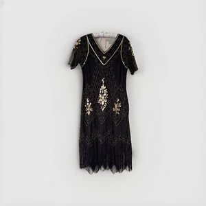 1920s Women Gold Dress V-Neck Sequin Evening Fringe Tassel Flapper Gown Black - Picture 1 of 7