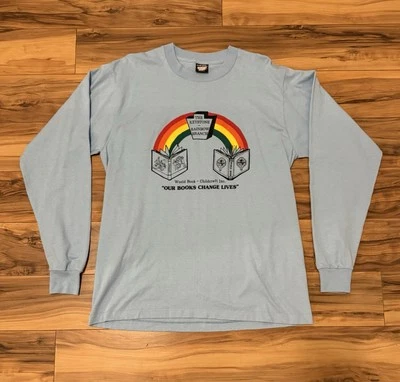 Vtg Screen Stars Single Stitch Long Sleeve T Shirt XL Blue Rainbow Library Books - Image 1 of 4