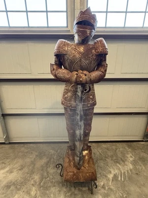 Armored Knight Sword Helmet Medieval Crusader Renaissance Life Size Statue 5’ - Image 1 of 4