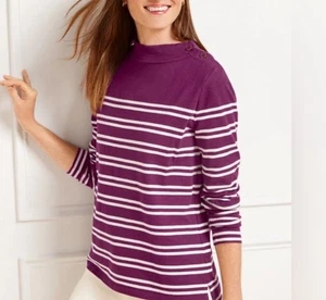 Talbots Womens Striped Knit Top Small Purple Long Sleeve Shoulder Buttons Casual - Picture 1 of 12