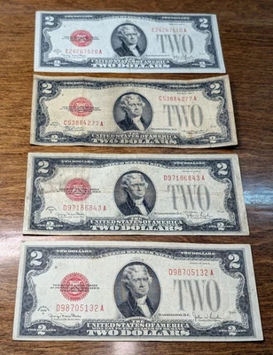 Лот из 4 1928 $2 красная печать банкноты США - Изображение 1 из 4
