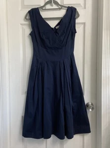 Emily and Flin ModCloth Florence Dress Small Navy Blue V-Neck Retro Pinup New - Picture 1 of 9
