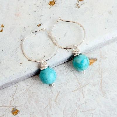 Turquoise Hoop Earrings Sterling Silver Handmade December Birthstone Gift Box - Image 1 of 4