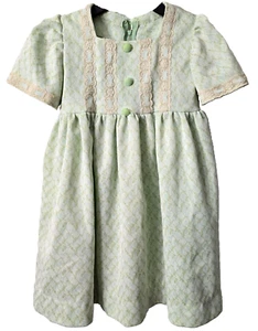 Handmade Vintage 70s Polyester Dress 4 6 Girls Lace Buttons Green Trellis Floral - Picture 1 of 7