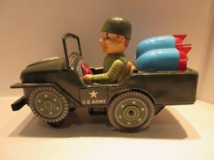 Masudaya US Army Jeep with Driver Tin Lithographed & Plastic Battery Operated