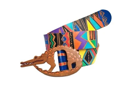Cintura in pelle multicolore dipinta a mano grande fibbia in legno coccodrillo unica abbronzatura - Immagine 1 di 4