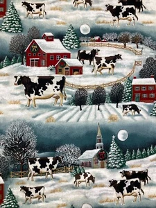 VTG Farm Church Cows Christmas Fabric 2 1/2 Yds Concord by the Kesslers USA Made - Picture 1 of 15