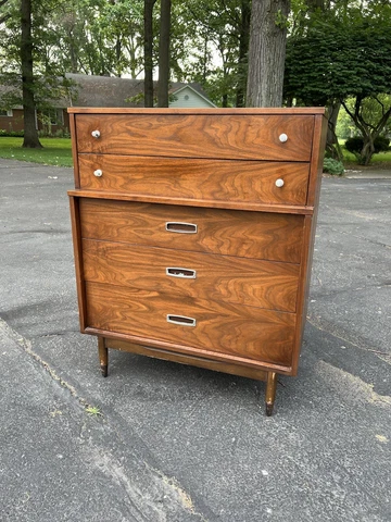 Mainline by Hooker Mid Century Walnut and Cane 5 Drawer Highboy Dresser Chest Cover