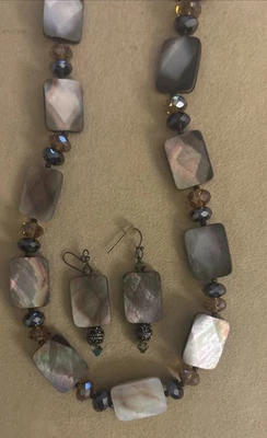 Artisan sterling silver black Shell  crystal glass accent necklace earrings Set - Image 1 of 4