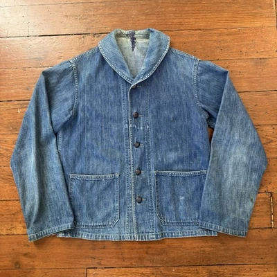 CHAQUETA CUELLO CHAL DENIM VINTAGE AÑOS 40 AZUL MARINO EE. UU. USN SEGUNDA GUERRA MUNDIAL BOTONES DE REPUESTO Foto 1 de 4