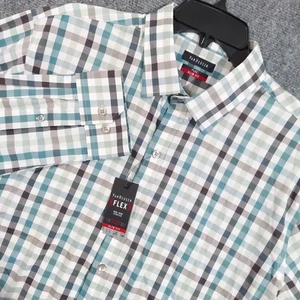 Van Heusen Shirt Mens Large Green Aqua Gray Flex Slim Fit Button Down Plaid - Picture 1 of 11