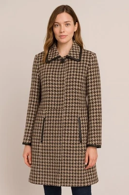 Abrigo para mujer vintage COACH marrón tostado crema pata de gallo lana cuero ribete XS Foto 1 de 4