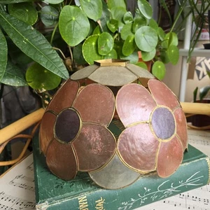 Vintage Capiz Shell Light Shade Floral Pink White Golden Scalloped Edge 28 Cm - Picture 1 of 16