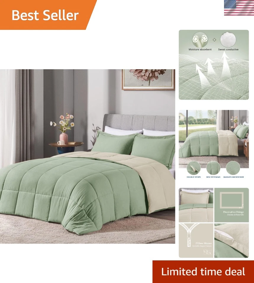 Juego de edredón reversible tamaño queen - salvia/beige ultra suave con fundas de almohada Foto 1 de 4