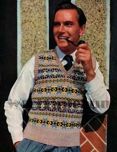 Knitting Pattern Vintage Mens Classic Fair Isle Vest Tank Top Slip Over. - Picture 1 of 1