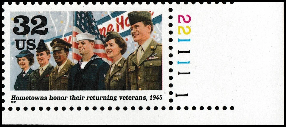 US 2981j 1945 Victory at Last Honor veterans 32c plate single 221111-1 MNH 1995 - Image 1 of 1