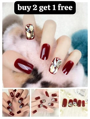 Christmas Red Fake Nails Glitter 24pcs Acrylic Sticker Square stones medium glue - Image 1 of 4