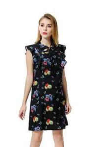 Women's Flora Print Tie Neck Swing Dress Black size 10 - Imagen 1 de 3