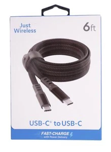 Just Wireless Ultra Braided USB-C to USB-C Flat Charging Cable Slate Black - 6ft - Picture 1 of 4