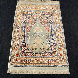 Silk Carpet Hereke 58 X 42 CM Oriental Carpet Vase Motif Turkish Pistachio-Green - Picture 1 of 8