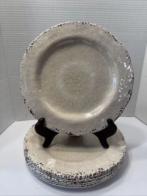 Set of 6 Pier 1 Import Carmelo Cream Crackle Distressed Melamine Plates  11” - Image 1 of 4