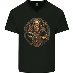 Camiseta de algodón con cuello en V con espada y escudo vikingo para hombre - Imagen 1 de 3