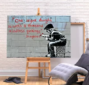 BANKSY ORIGINALE THINK CITE - TELA INCORNICIATA PROFONDA STAMPA ARTE GRAFFITI - ROSSO - Foto 1 di 3