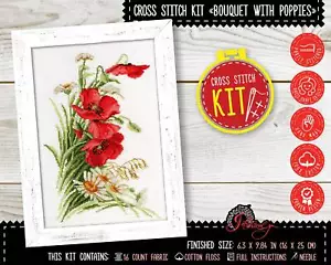 Counted Cross Stitch Kit Bouquet with Poppies Flowers Embroidery Kit DIY Decor - Picture 1 of 9